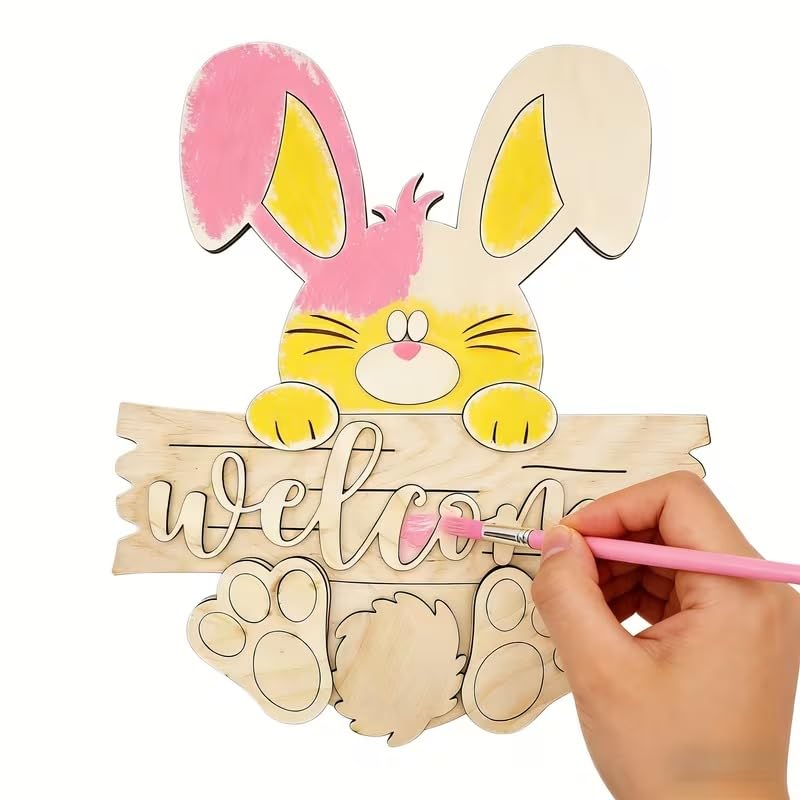 Curious Button Easter Bunny Welcome Sign Diy Wooden Craft Kit  8X6.8 Inch Unfinished Wood Painting Decor, Paint Your Own Easter