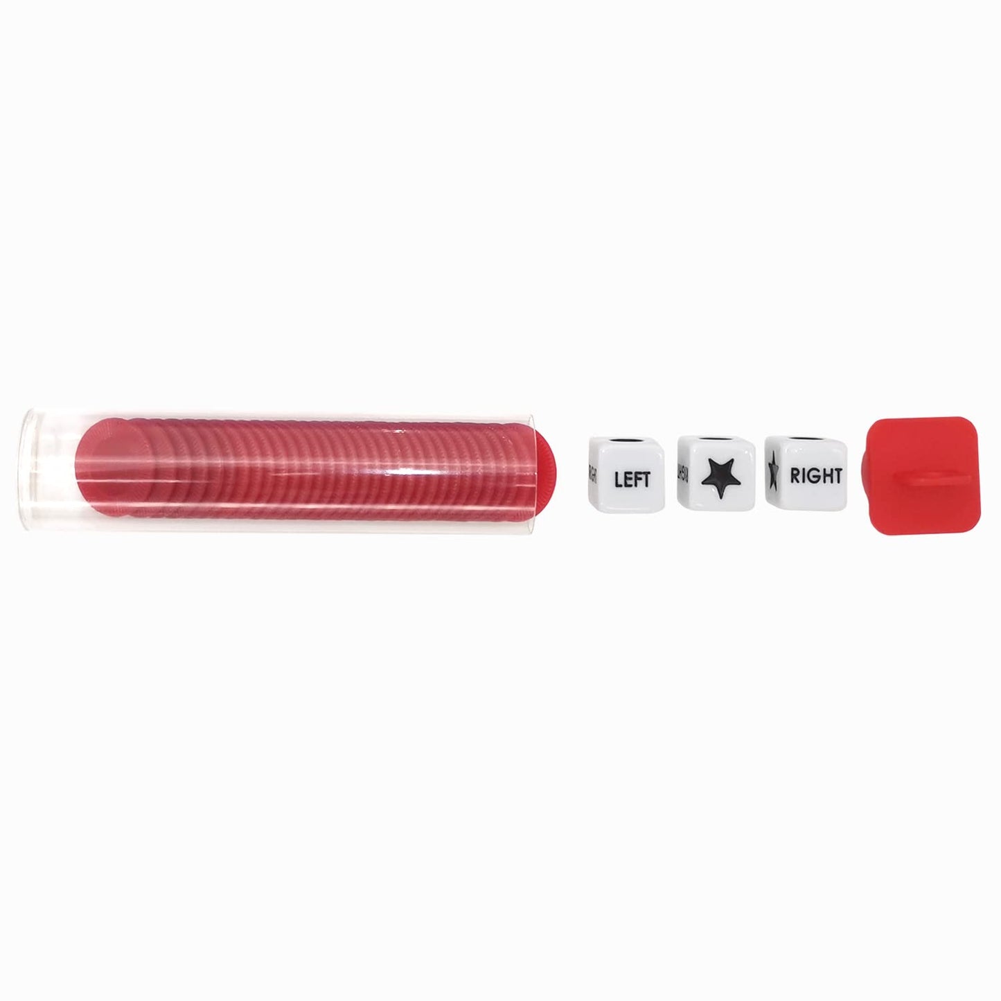 Ahoper Left Right Center Dice Game Prime Set Bundle With 3 Dices + 36 Chips. Round Tube Storage Is Very Convenient For Travel. Easy To Store, Carry Around. (Red)
