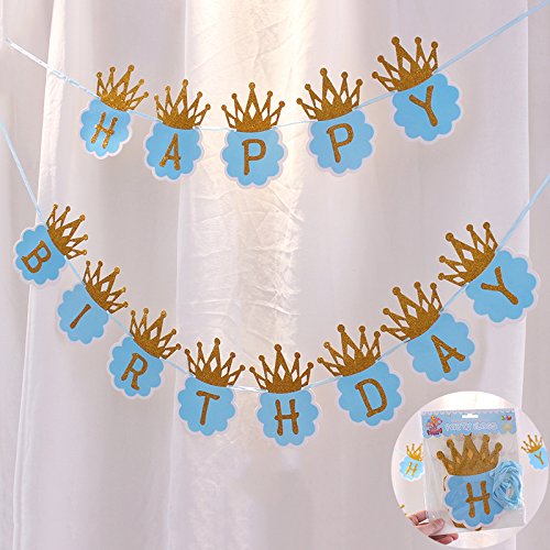 Flairs New York Happy Birthday Decorations Banner Party Props With Gold Crown Letters (Pack Of 1 Banner, Baby Blue/Gold Glitter