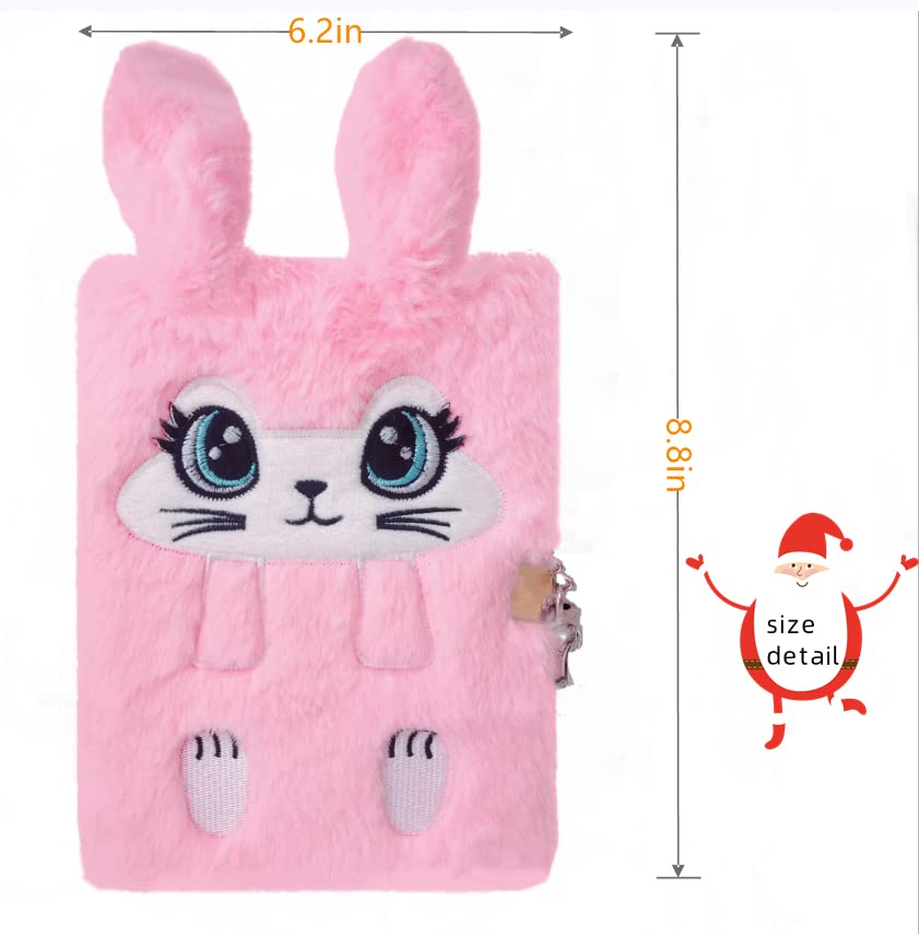 Luolizon Bunny Diary With Lock For Girls,Kids Cute Fuzzy Journal Girls Fluffy Rabbit Notebook Age 8-12 Set With 2 Carrot Pens For Easter Day,Birthday,New Year