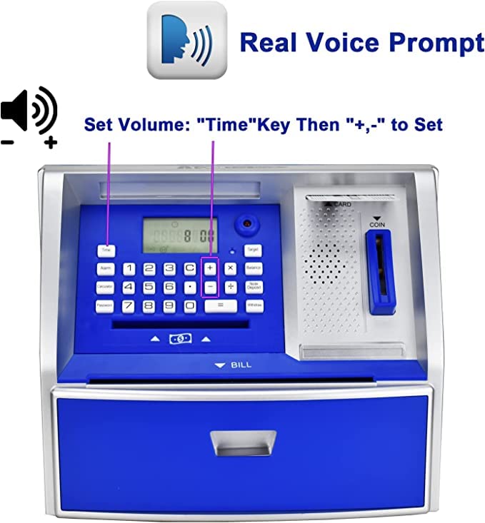 Like Talking ATM Savings Bank - Digital Piggy Bank for Kids, Blue/Silver, Model G972E, Plastic Money Coin Machine