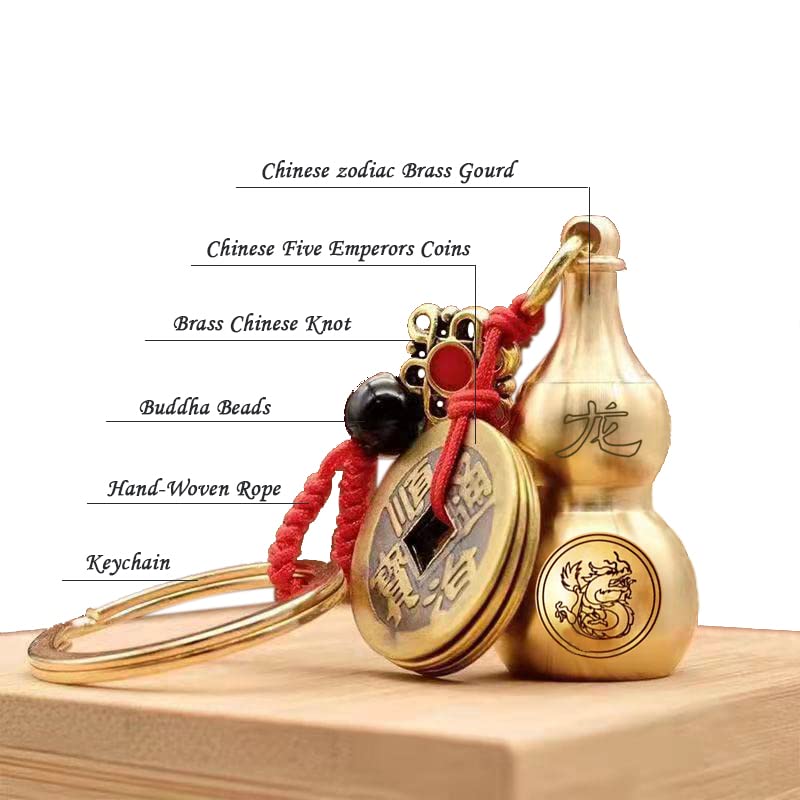 Adorinno 12 Zodiac Feng Shui Gourd Keychain - Brass Gourd, Lucky Coin, Bring Good Luck And Wealth, Chinese Style Decorative Pend