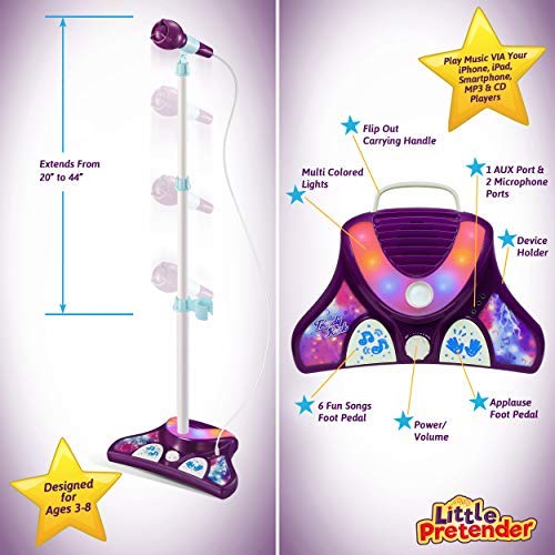 Little Pretender Kids Karaoke Machine With 2 Microphones And Adjustable Stand, Music Sing Along With Flashing Stage Lights And Pedals For Fun Musical Effects