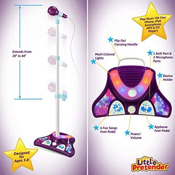 Little Pretender Kids Karaoke Machine With 2 Microphones And Adjustable Stand, Music Sing Along With Flashing Stage Lights And Pedals For Fun Musical Effects