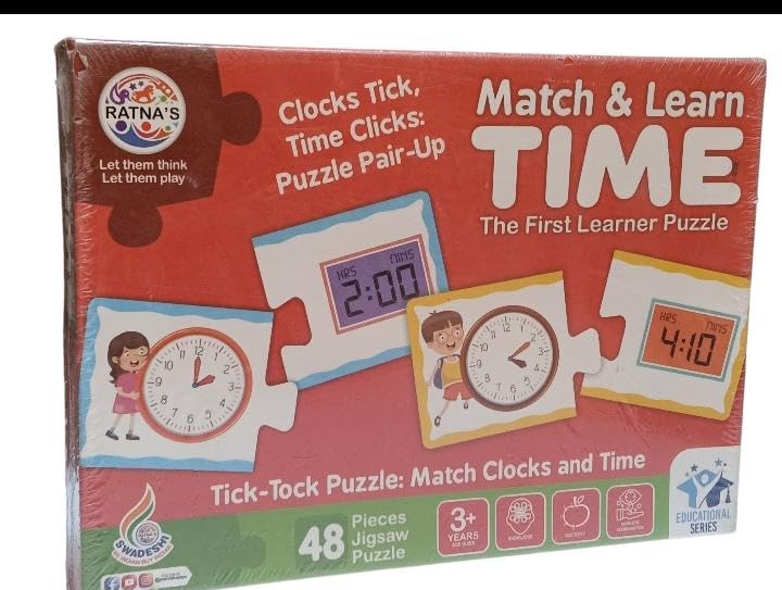 Ratnas Match & Learn: TIME  48Piece Educational Puzzle Set | 24 SelfCorrecting Pairs for Teaching Time Telling | Develops Cog
