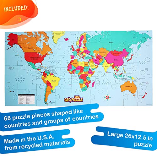Geotoys Geopuzzle, World Shaped Jigsaw Puzzles, 68 Pc Geography Puzzle, Geography Game & Map Puzzle, Jigsaw Puzzles For Kids Ages 6-9 Years Old