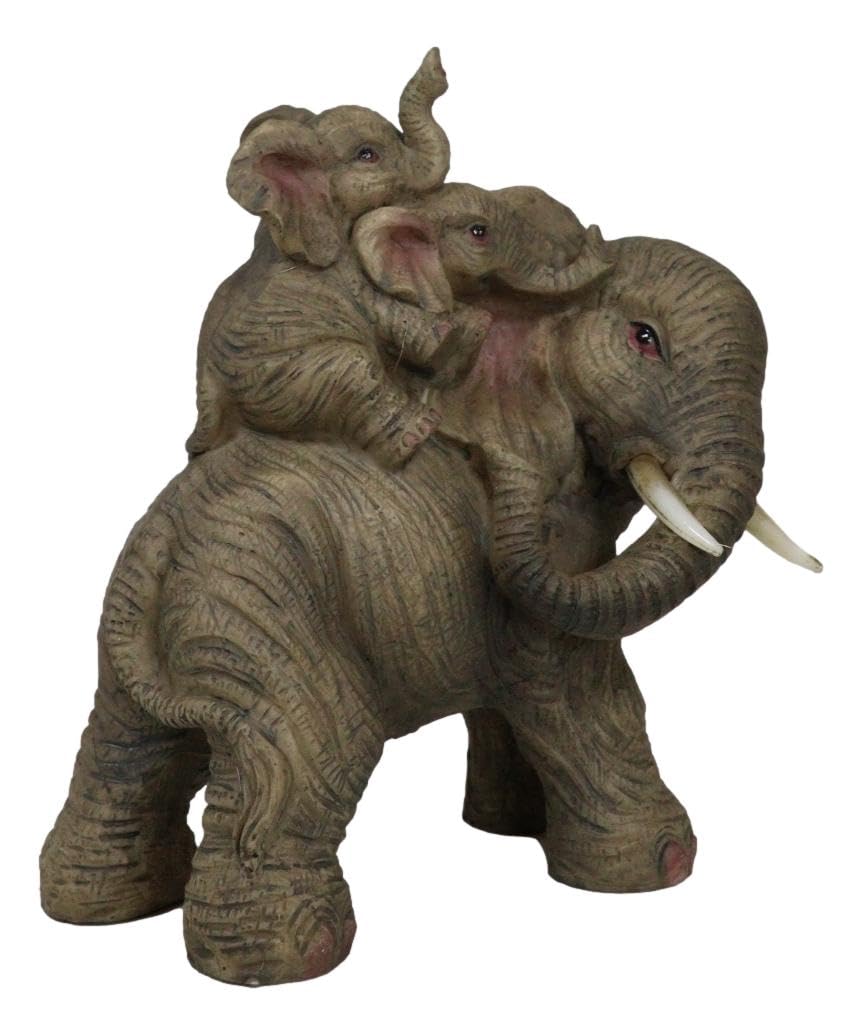 Ebros Small Wildlife Elephant Father And 2 Calves On Piggyback Playing Statue 5.25' Tall Resin Safari Elephants Family Figurine Sculpture Decor Gifts