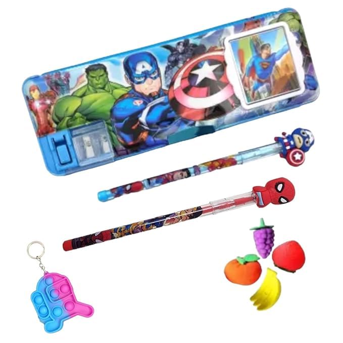 Taufa Villa Magnetic Pencil Box With Calculator & Stationery Set For Kids School,Big Size Cartoon Printed Girls & Boys Geometry 