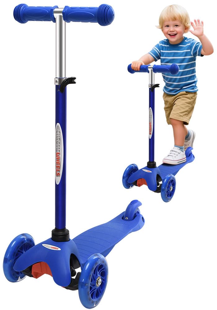 Chromewheels Scooter For Kids, Deluxe 3 Wheel Scooter For Toddlers 4 Adjustable Height Glider With Kick Scooters, Lean To Steer With Led Flashing Light For Ages 3-6 Girls Boys (Blue)