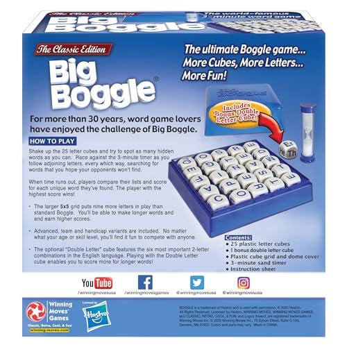 Winning Moves Big Boggle Word Game - 5x5 Grid, 25 Letter Cubes, Cardboard, Blue/White, Ages 8+, Model 1147
