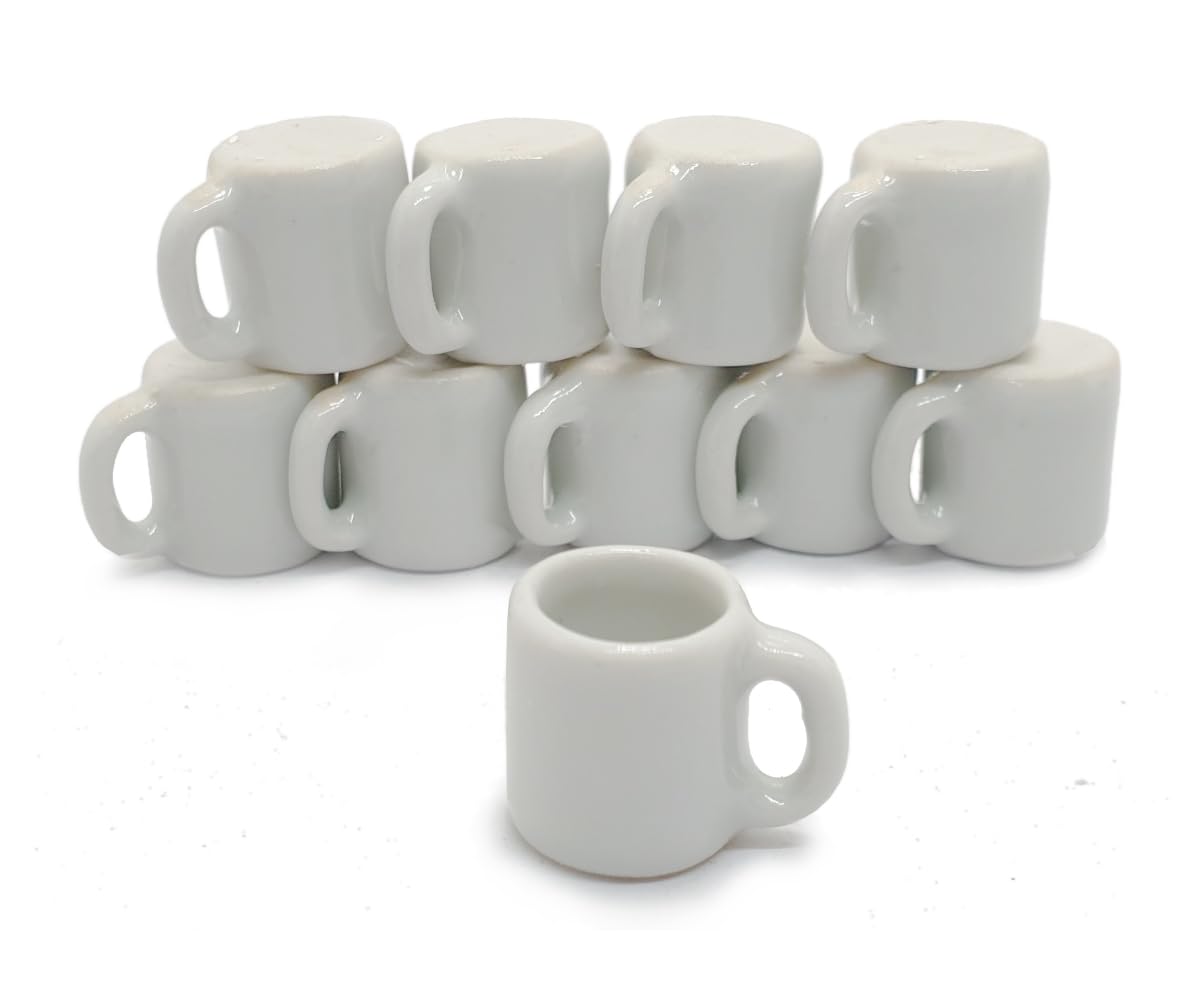 ChangThai Design  White Cup 10 Pieces Tiny Tableware - Miniature Cup Mug Plate Bowl Tableware Crockery Cutlery Kitchen Utensils 