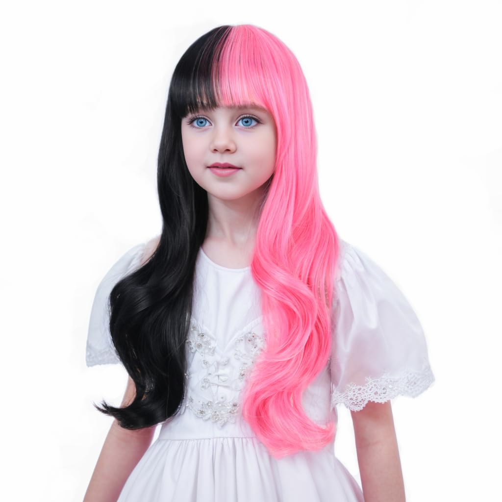 Ufindcos Pink & Black Wig For Kids - Long, Wavy, Curly, 22 Inches, Split Synthetic Wig With Wig Cap