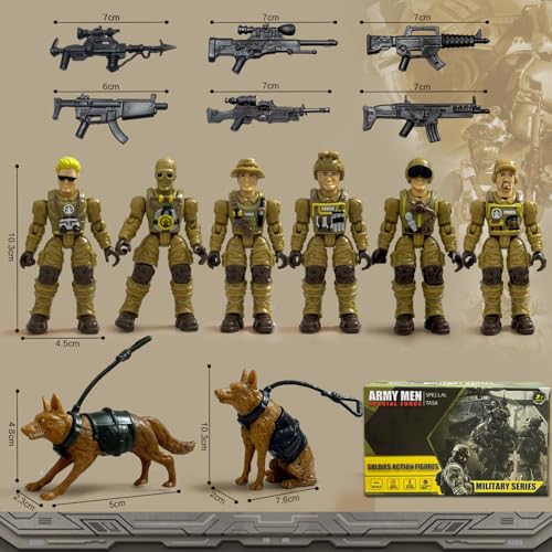 Baimiby Army Men Action Figures 6 Pack Army Toy Soldiers for Boys Age 3+ Military Playset Action Figure with 2 Dogs and  Army Toy Set Birthday Gift for Toddler Boy 6-8