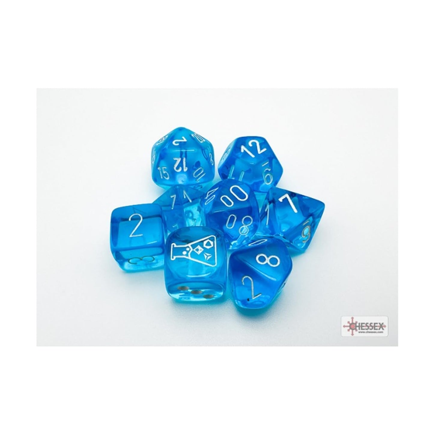 Tropical Blue Translucent Dice With White Numbers 7+1 Dice Set 16Mm (5/8In) Chessex