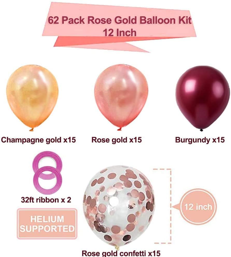 Oumuamua Rose Gold Balloons Burgundy Balloons Kit, 62Pcs Burgundy Rose Gold Latex Balloons Rose Gold Confetti Balloons For Women Girl Baby Shower Wedding Birthday Party Decorations, 12 Inch