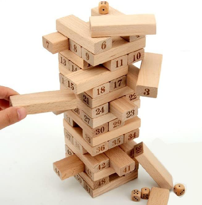 Heerwa Toys Timber Tower Wooden Block For Kids 54 Pieces Numbered Classic Stacking Game With 2 Dices Giant Wooden Toppling, And 