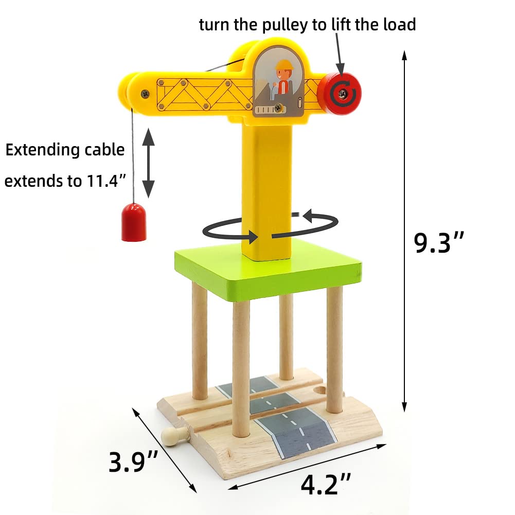 Wooden Train Track Accessories Wooden Crane Toy Set With Train Cars For 3 4 5 Year Old Boys Kids Other Major Wooden Rail Brands Are Compatible (Multi-Function Crane)