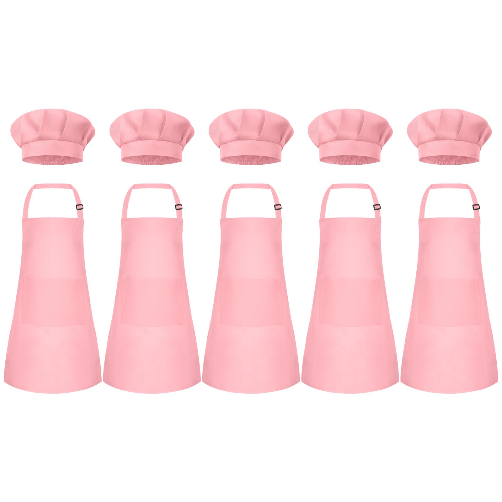 Bouiexye 5 Set Kids Apron and Chef Hat Set Children Apron Adjustable with 2 Pockets Children Chef Painting for Cooking Baking Pa