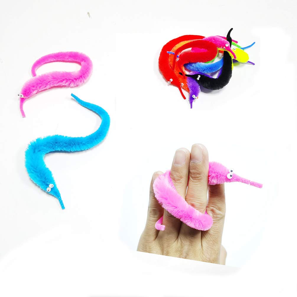 SHENGSEN Fuzzy Worm Toys - 120 Pieces String Trick Toy for Kids & Cats, 12 Colors, Polyester, Model AM108-120-B-12