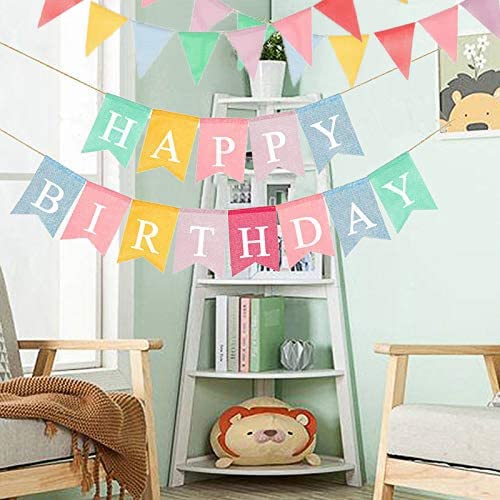 LifePassion Happy Birthday Banner with 24pcs Pennant Banner Flags, Assembled Durable Imitated Burlap Banner, Pastel Rainbow Birt