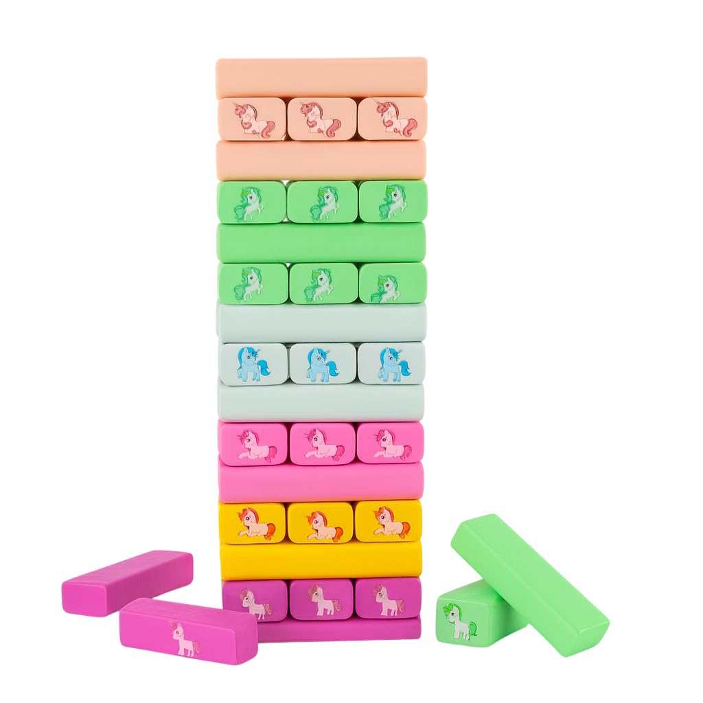Dtr Creation 54 Pcs Unicorn Printed Wooden Stacking Game | Educational Tumbling Tower Blocks For Kids | Fun Unicorn Building Blo