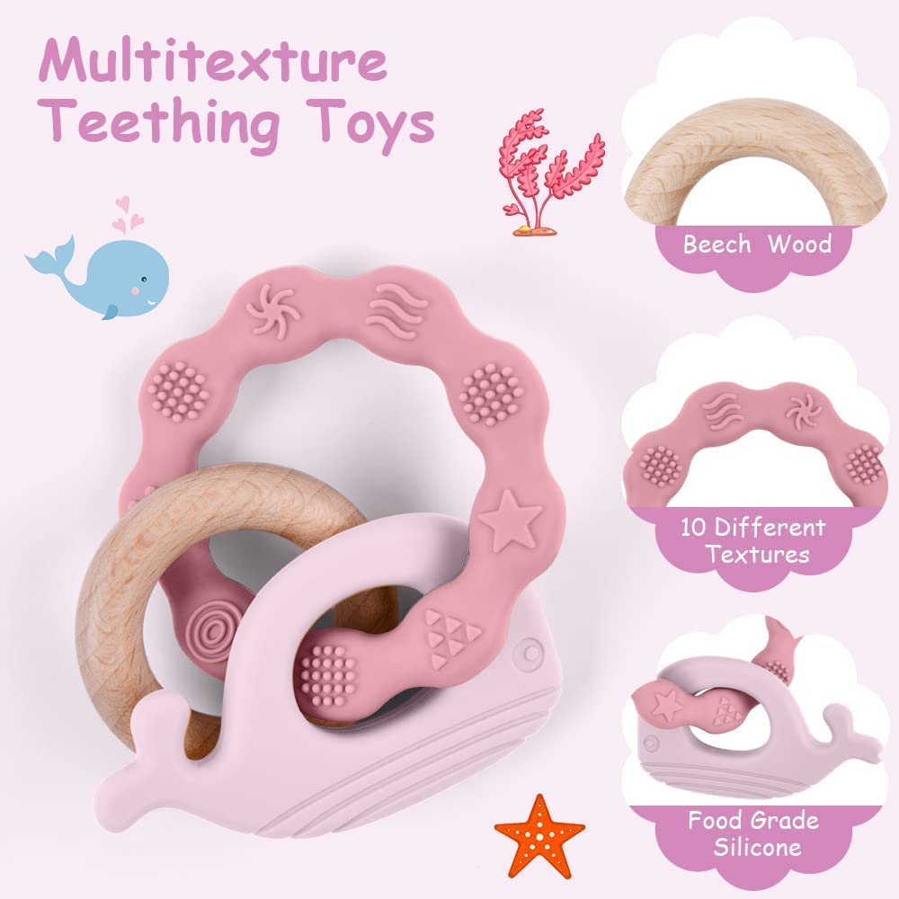 Vicloon Baby Teether Toys, Silicone & Natural Wood Teether Ring, Baby Teething Toys For Babies 0 Months, Silicone Chewable Rings