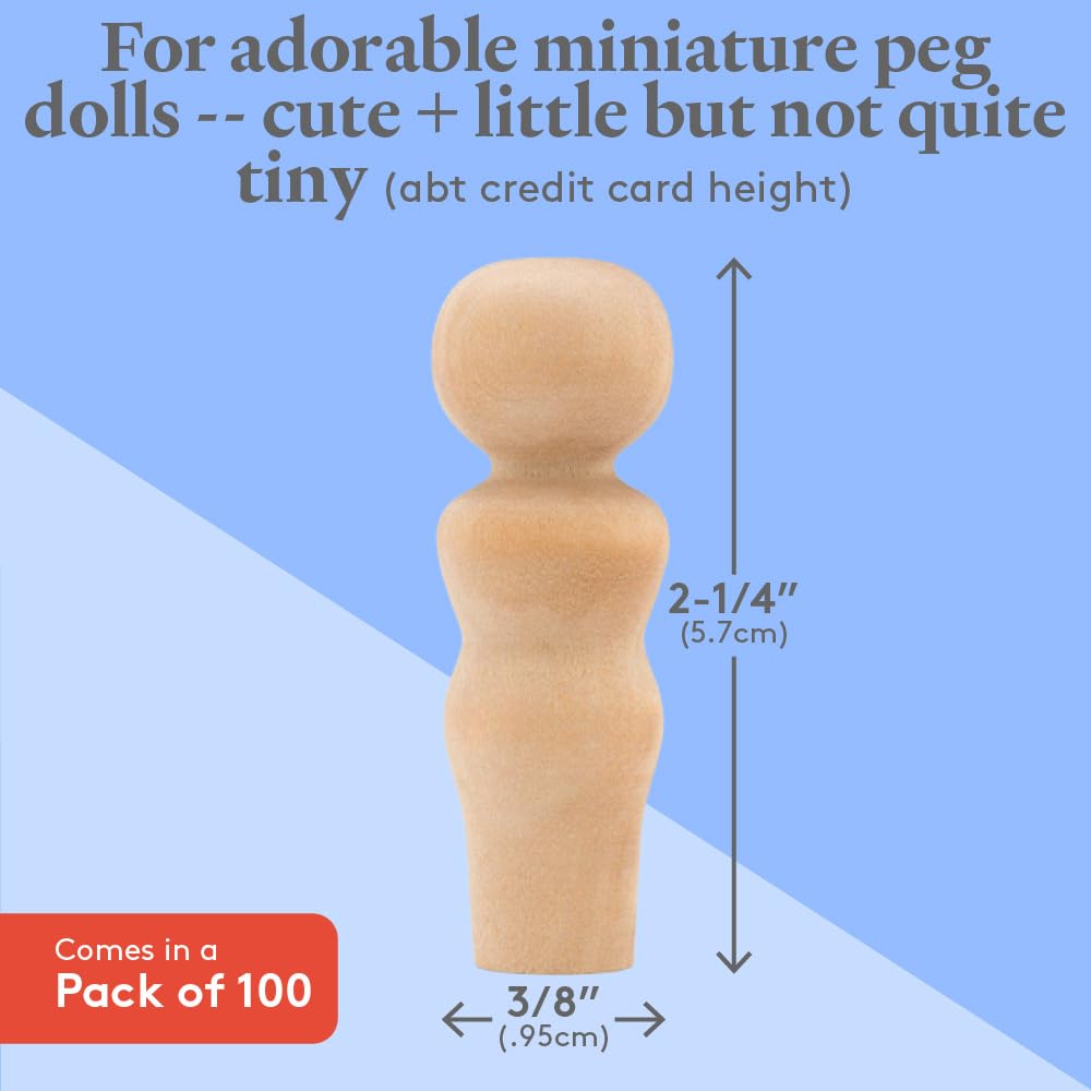 Wooden Peg Dolls Unfinished 2-1/4 inch, Mom Shape, Pack of 100 Wooden People Pegs for Crafts and Small World Play