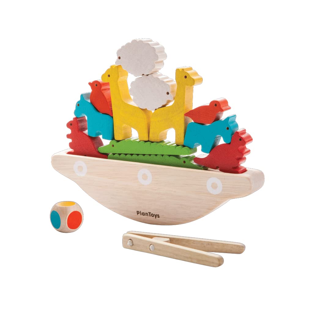 PlanToys Balancing Boat Wooden Game for Kids Ages 3+ | Montessori Fine Motor & Coordination Challenge with Dice, Animals & Boat 