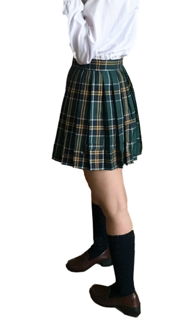 Girl'S School Uniform Plaid Pleated Costumes Skirts (M, Dark Green Mixed White)
