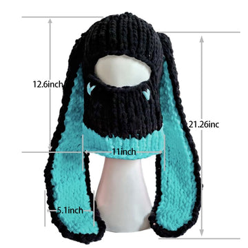 XKCL Knit Plush Bunny Hat - Fluffy Long Ears Cosplay Party Hat (Black Dark Green)