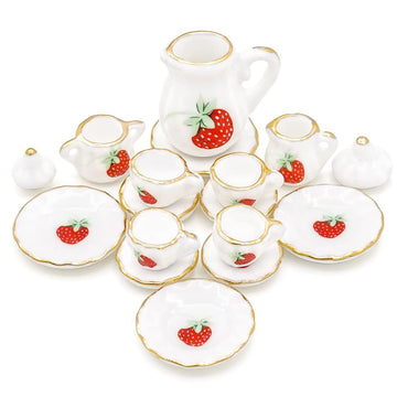 Odoria 1/12 Miniature Porcelain Tea Set 15Pcs Dollhouse Decoration Accessories, Strawberry