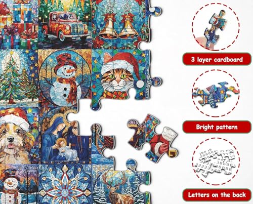 Stained Glass Christmas Puzzles for Adults 1000 Pieces,Christmas Jigsaw Puzzle Collection Features Santa Claus Dog Cat Snowman,