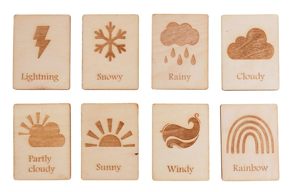 Wooden Weather Learning Flashcards for Kids  Montessori Weather Cards Set with Lightning, Snowy, Rainy, Sunny, Windy & Rainbow 