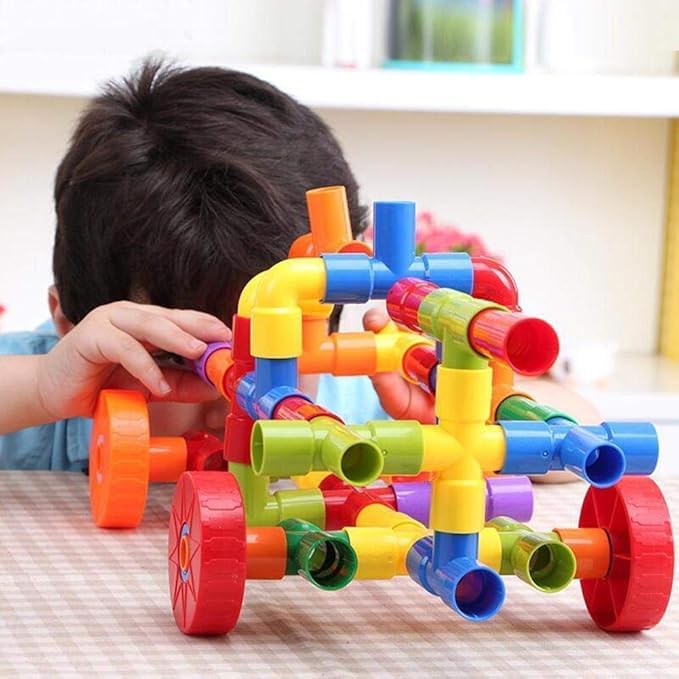Pulsbery Educational Pipe Puzzle For Kids - 85Pcs Plastic Water Pipe Shaped Creative Tube Locks Construction Set Toy With Wheels