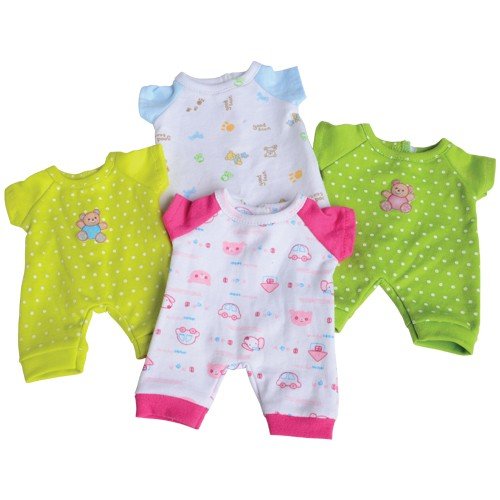 Constructive Playthings Washable Pajama Outfits With Hook And Loop Closures For 10 Inch Baby Dolls, Set Of 4