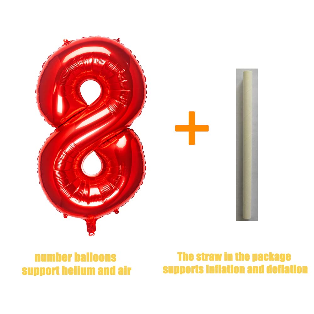 Meiduoco 1Pc Red 8 Number Balloon, 32 Inches, Foil, Self Sealing, Aluminum, Birthday Decoration Supplies