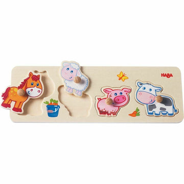 Haba Baby Farm Animals Clutching Puzzle - 4 Piece Jumbo Knob Wooden Puzzle For Ages 1 And Up