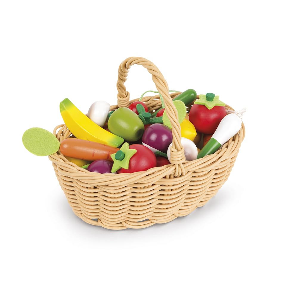 Janod 25 Piece Wooden Play Food Fruit and Vegetable Basket - Ages 3+ - J05620