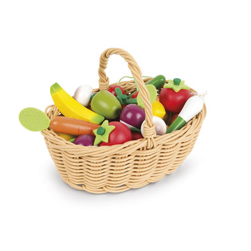 Janod 25 Piece Wooden Play Food Fruit and Vegetable Basket - Ages 3+ - J05620