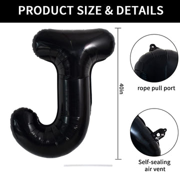 Toniful 40 Inch Large Black J Letter Balloons Jumbo Helium Balloons,Foil Mylar Big Alphabet Balloons For Birthday Party Annivers