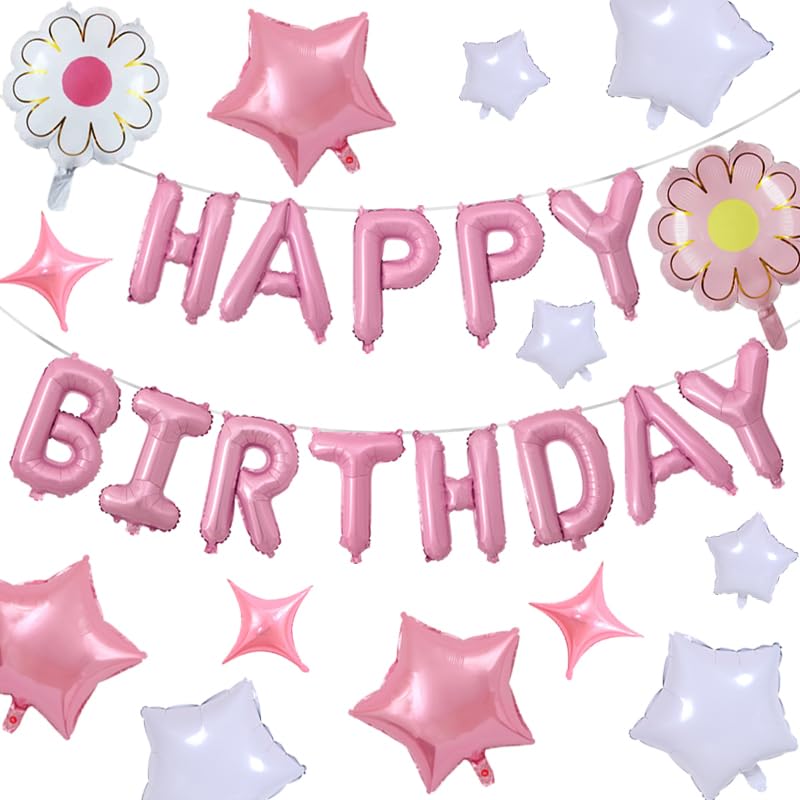 Happy Birthday Banner Script Pink Letter Sign With 12 Pcs Pink White Star Foil Mylar Balloon For Birthday Party Decoration