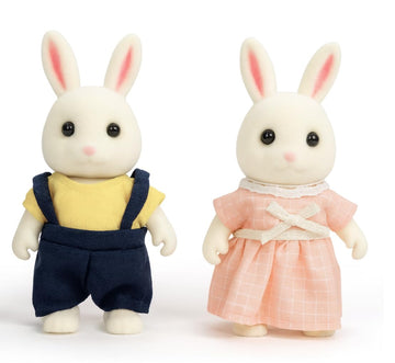Oleoca Family Cream Rabbit Figures - Set Of 2 Collectible Flocked Mini Dolls With Removable Clothes, Miniature Dollhouse Pretend