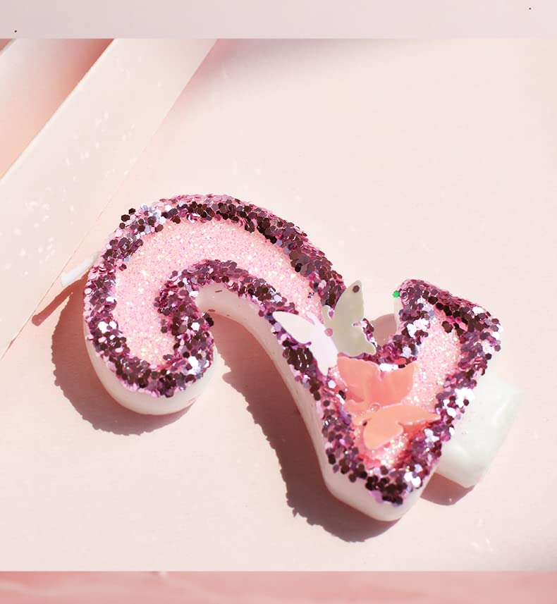 Variouslife Birthday Candles Pink Glitter Number 2, Handmade Wax Sequin Cake Candles, 6in Size