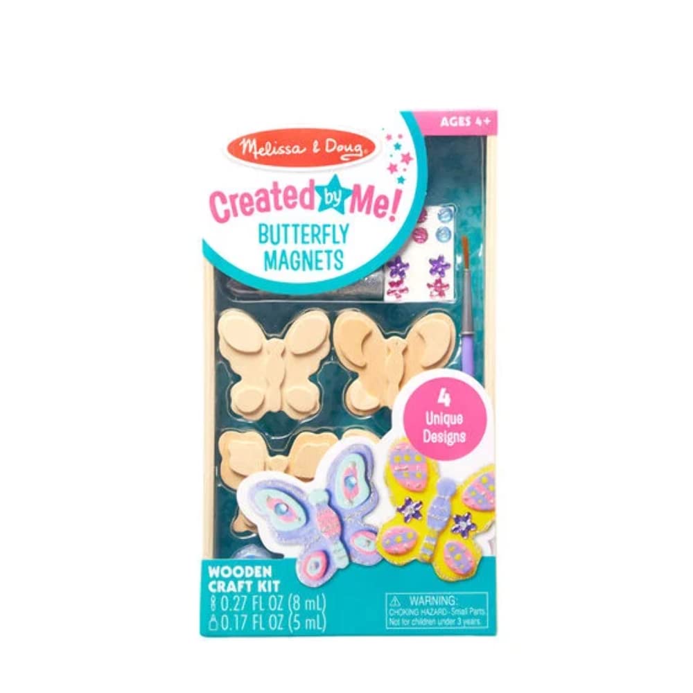 Melissa & Doug Created by Me! Wooden Butterfly Magnets Craft Kit (4 Designs, 4 Paints, Stickers, Glitter Glue)