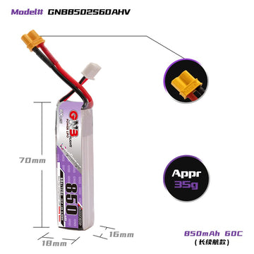 GAONENG 4PCS GNB 2S LiPo 850mAh 7.6V HV 60C 120C LiPo Battery Long Range with XT30 Plug for UMX Pitts S-1S Mini Micro FPV Freest