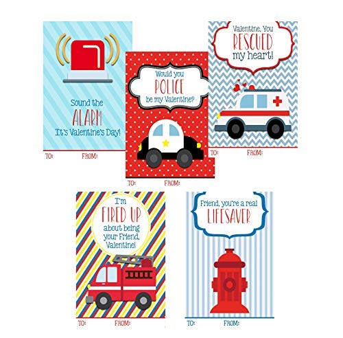 Silly Goose Gifts Emergency Vehicle Valentine Classroom Cards - Set of 25, Red, Police, Ambulance, Firefighter, Fire Truck