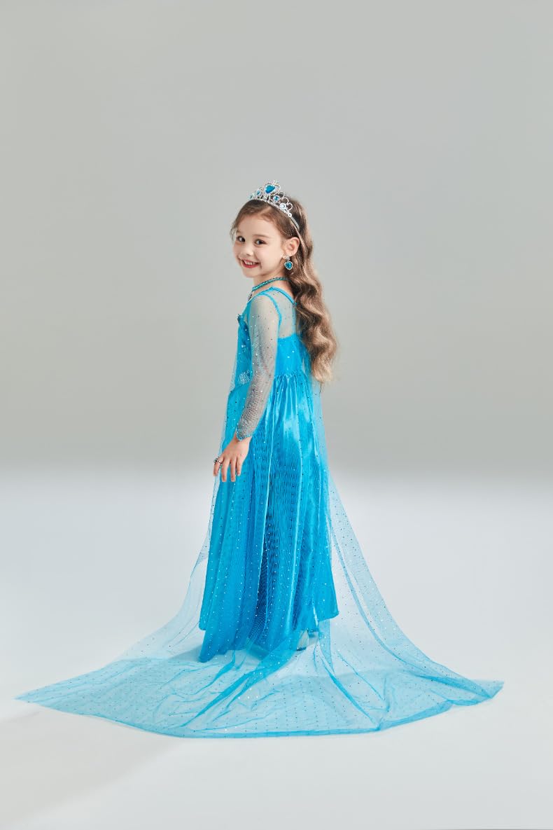 Sototoo Elsa Costume Long Sleeves Princess Dress Queen White Costume Cosplay Dress Up With Accessories Halloween (Blue 2,7-8Year
