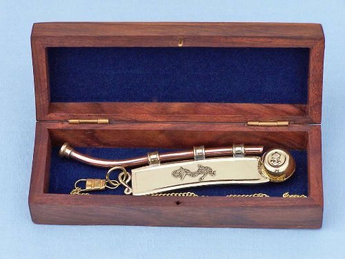 Hampton Nautical Solid Brass/Copper Boatswain (Bosun) Whistle With Rosewood Box, 6', Brass