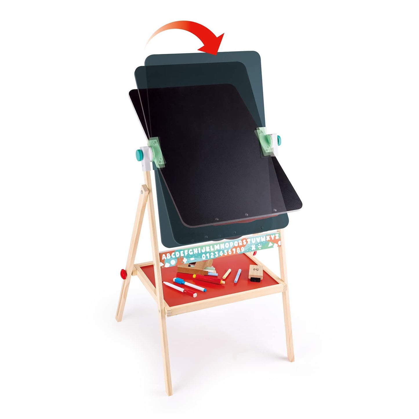 Hape Standing Flip Flat 2 Sided Kids Artwork Easel with Chalk Blackboard and Marker Whiteboard, Includes 4 Chalks, 2 Marker Pens