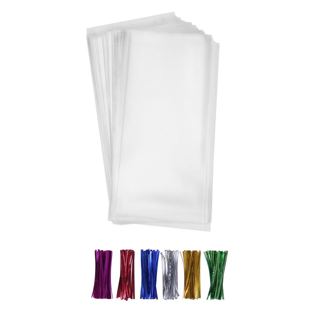200 Clear Treat Bags 5x11 with Twist Ties 6 Mix Colors - 1.4mils Thickness OPP Plastic Poly Gift Bags (5 x 11)